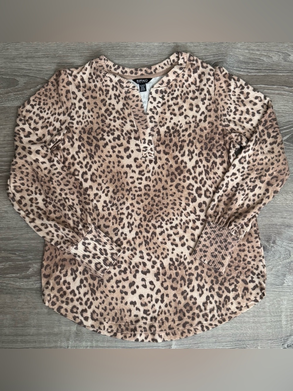 Buffalo David Bitton Tan and Brown Leopard Print Henley Top